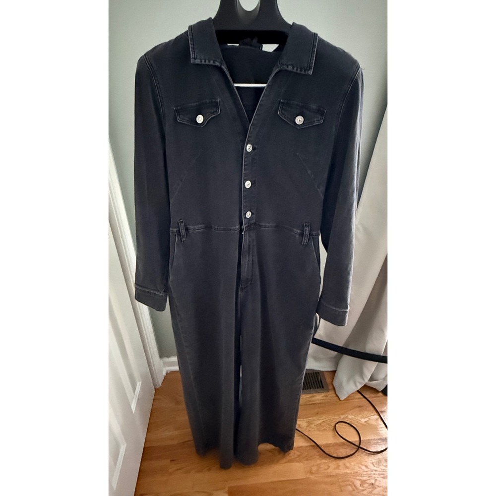 PAIGE Mayslie Black Denim Jumpsuit Button Front Long Sleeve Wide Leg Size 12